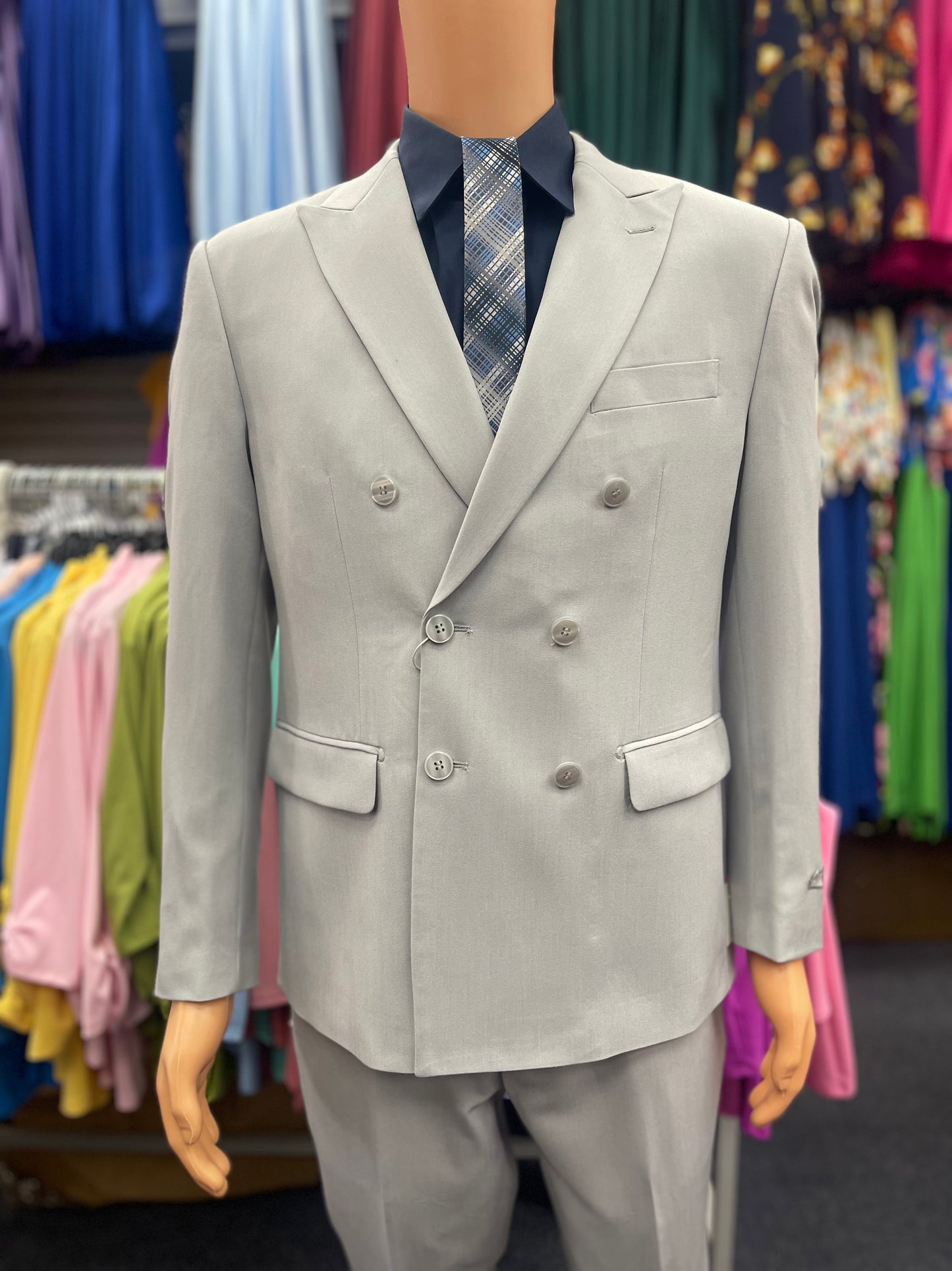 Silver Slim Fit Double Breasted 2 Piece Suit with Flexible Elastic Waistband