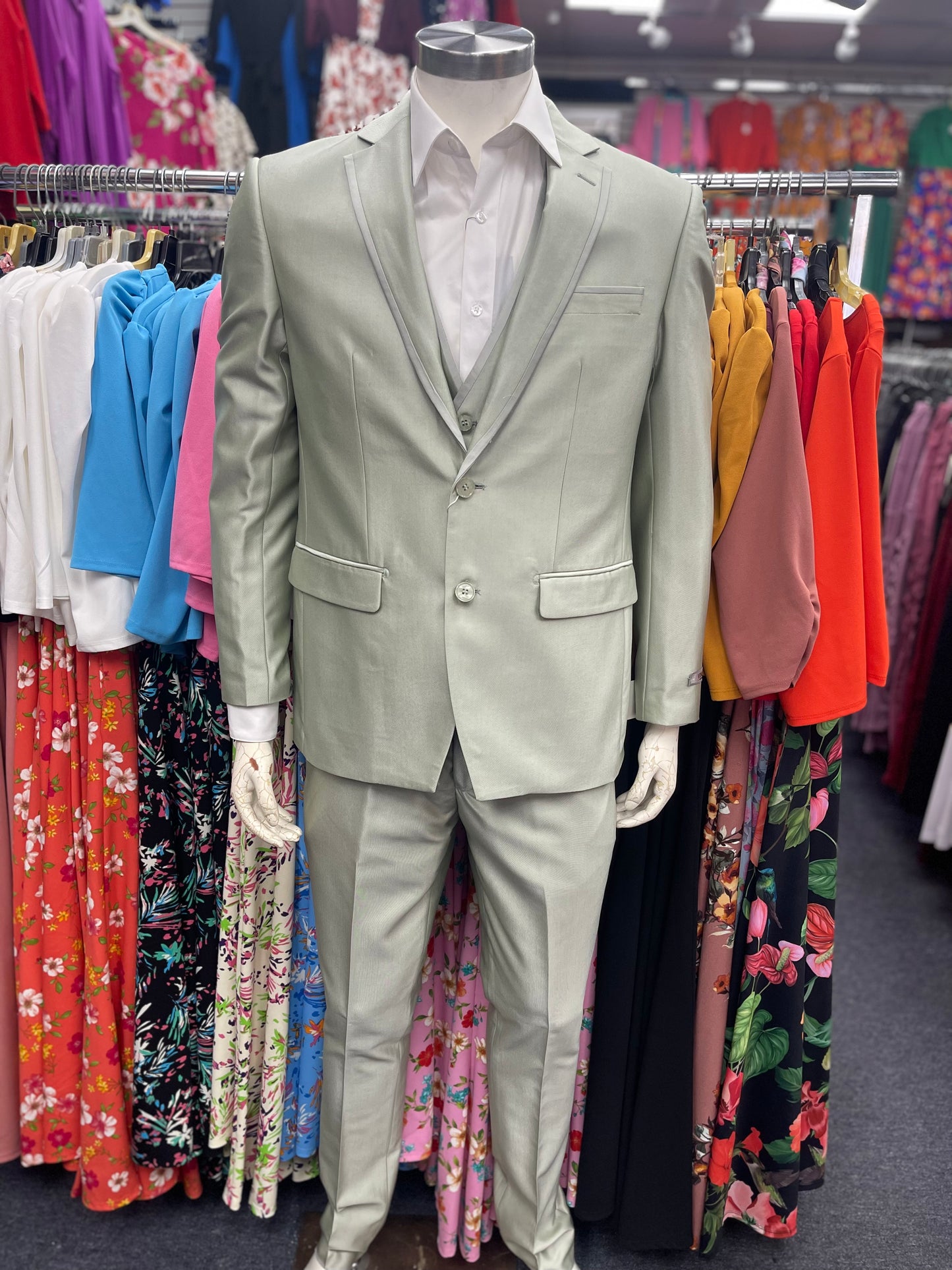 Slim Fit 3pcs satin Suit Sage Green