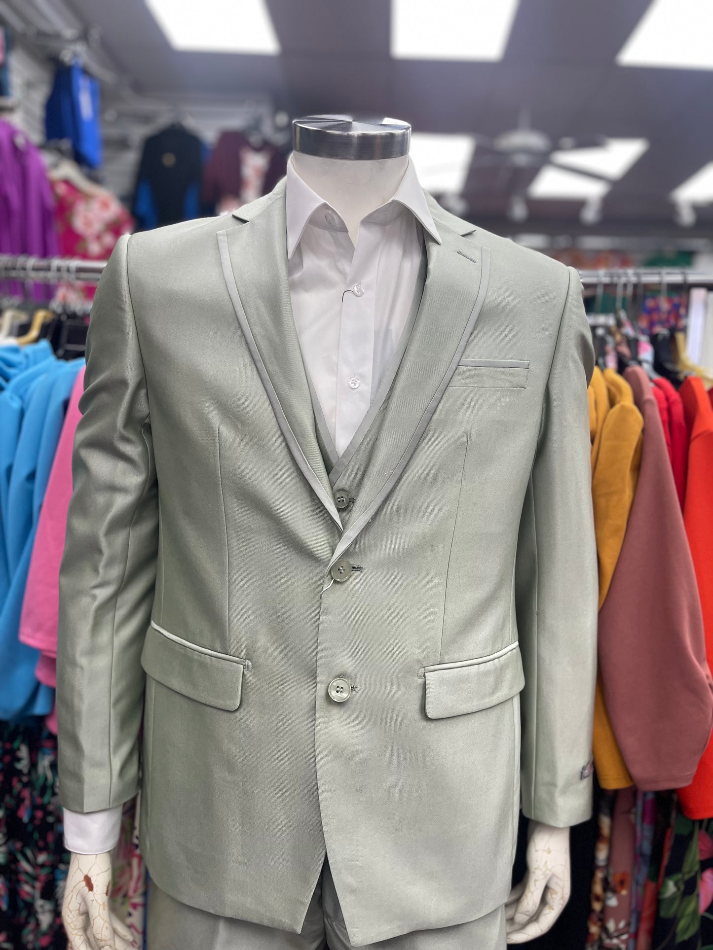 Slim Fit 3pcs satin Suit Sage Green