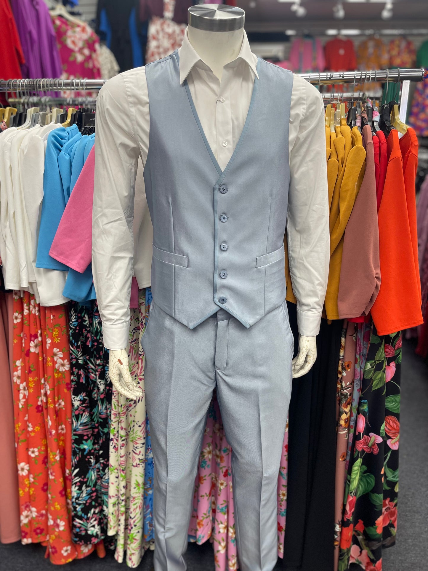 Slim Fit 3pcs Satin Suit Men Ice Blue