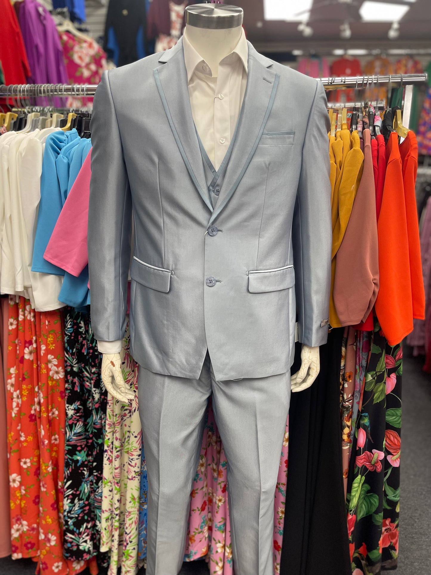 Slim Fit 3pcs Satin Suit Men Ice Blue