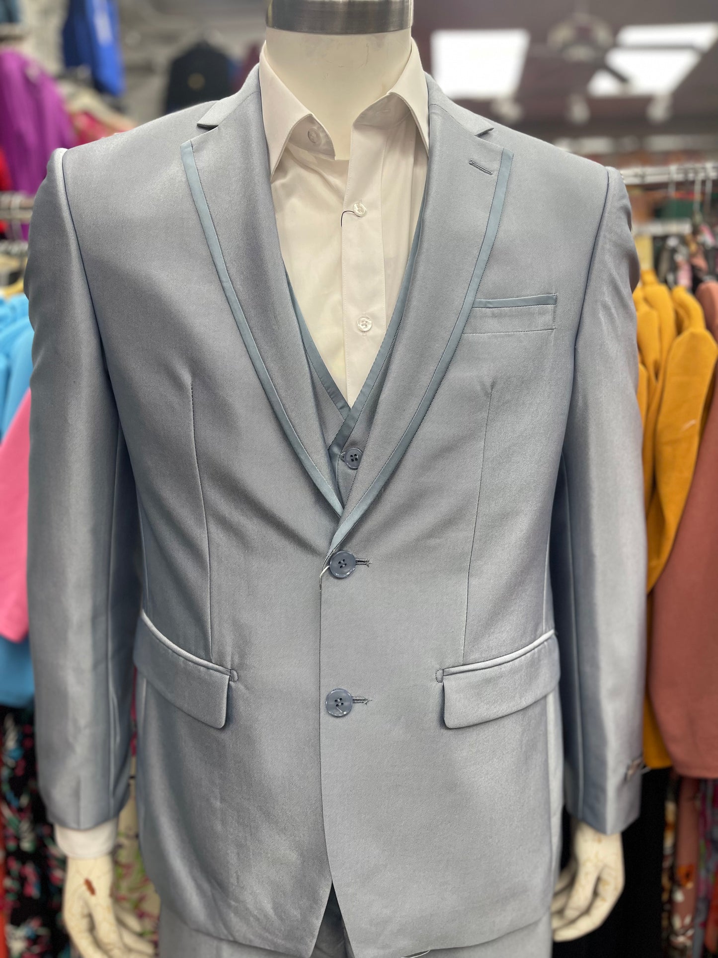 Slim Fit 3pcs Satin Suit Men Ice Blue