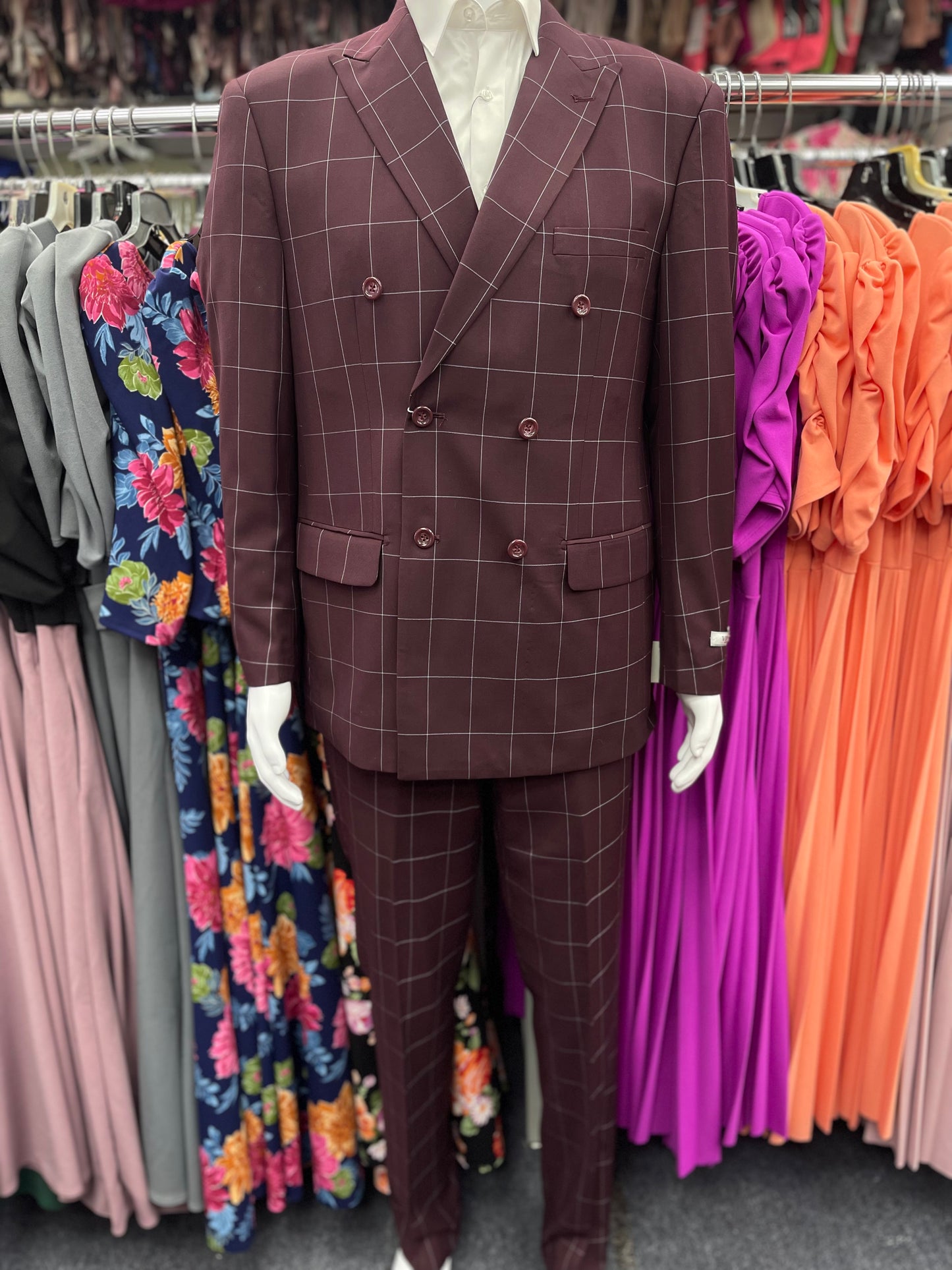 Double Breasted Modern Fit 2pcs Suit Burgundy