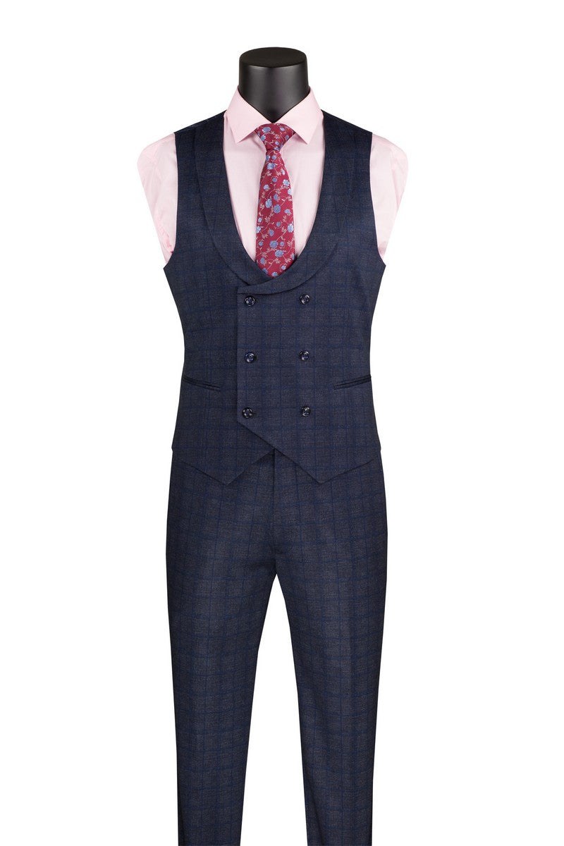 Double Breasted Slim Fit 3pcs Suit with lapel vest NavyBlue