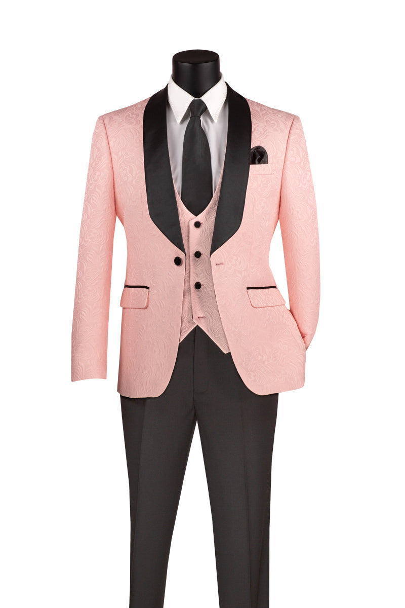 Slim Fit 3pcs Jacquard Fabric Tuxedo Suit Pink