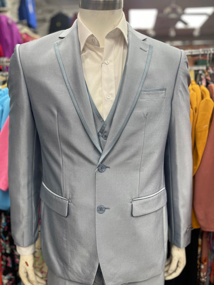 Slim Fit 3pcs Satin Suit Men Ice Blue