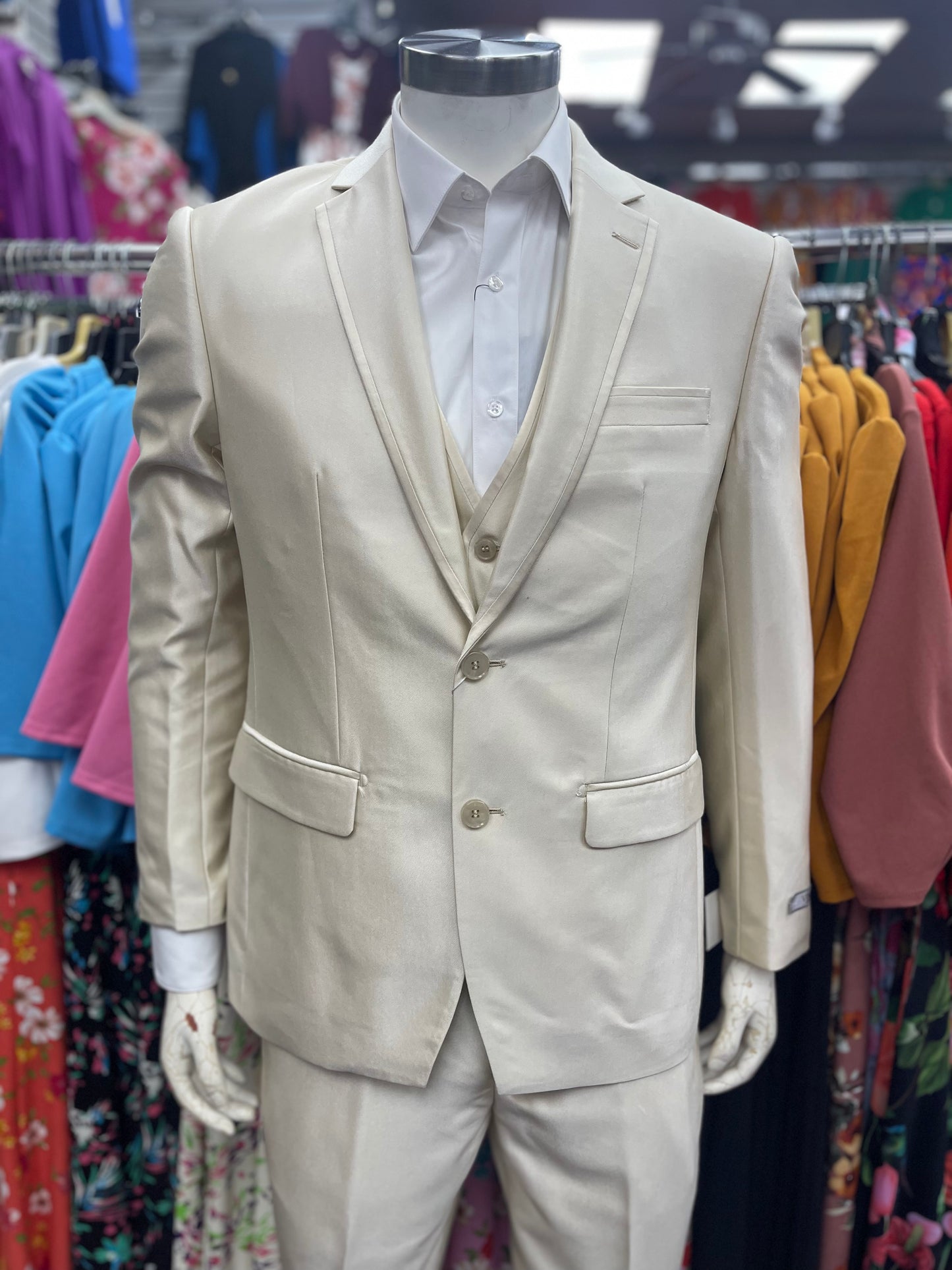 Slim Fit 3pcs Satin Suit Champaign Beige