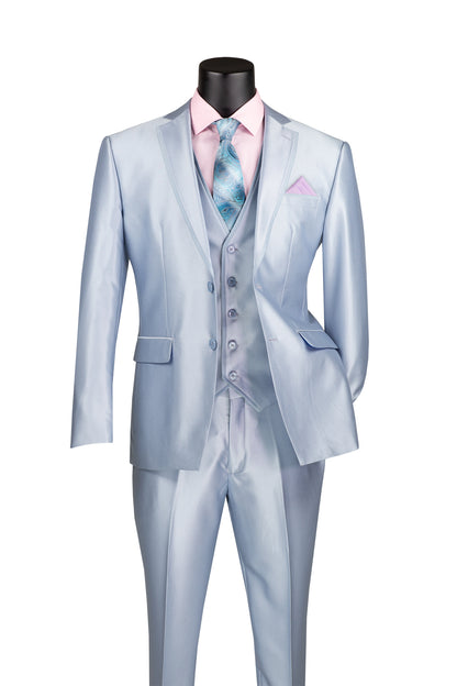 Slim Fit 3pcs Satin Suit Men Ice Blue