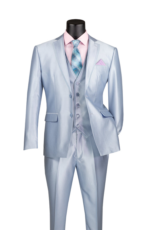 Slim Fit 3pcs Satin Suit Men Ice Blue