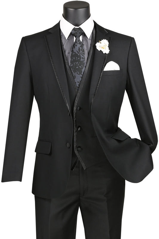 Slim Fit Shiny Trimmed Lapel 3 Pcs Black Suit