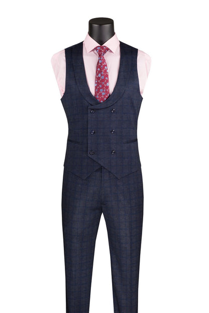 Double Breasted Slim Fit 3pcs Suit with lapel vest NavyBlue