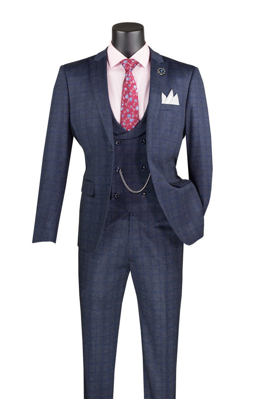 Double Breasted Slim Fit 3pcs Suit with lapel vest NavyBlue