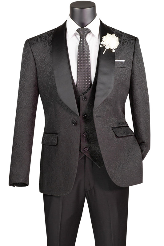 Slim Fit 2 Pcs Jacuquard Fabric Tuxedo Black
