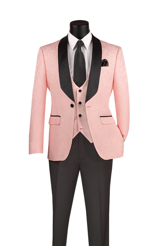 Slim Fit 3pcs Jacquard Fabric Tuxedo Suit Pink