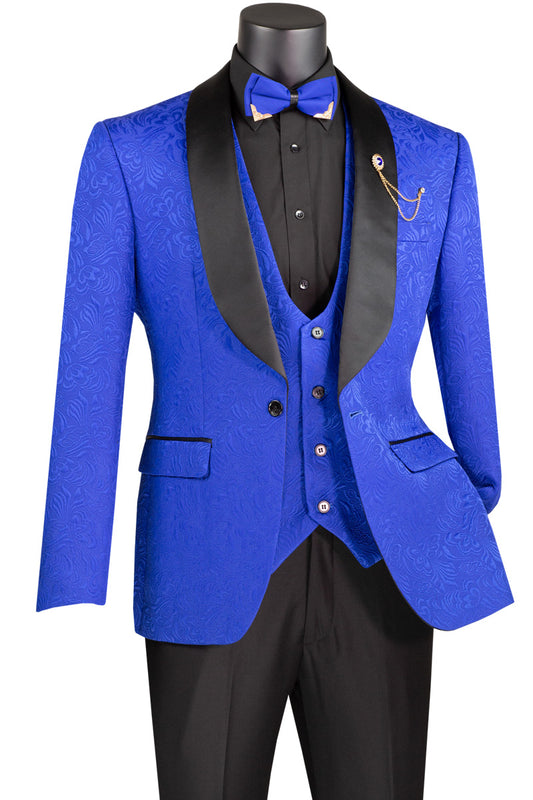 Slim Fit 3pcs Jacquard Fabric Tuxedo Suit Royal Blue