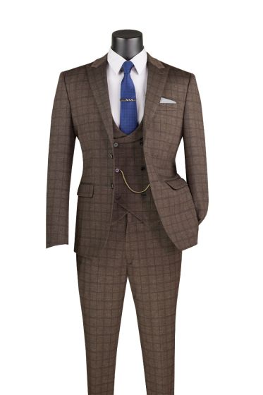 Double Breasted Slim Fit 3 Pcs suit Brown
